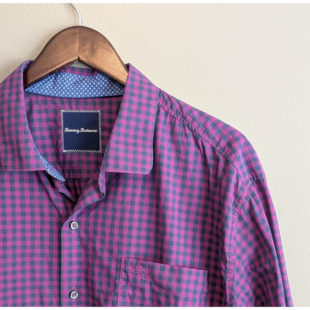 Tommy Bahama Mens XL Pima Cotton Red Blue Plaid Check Button Down Shirt Casual
